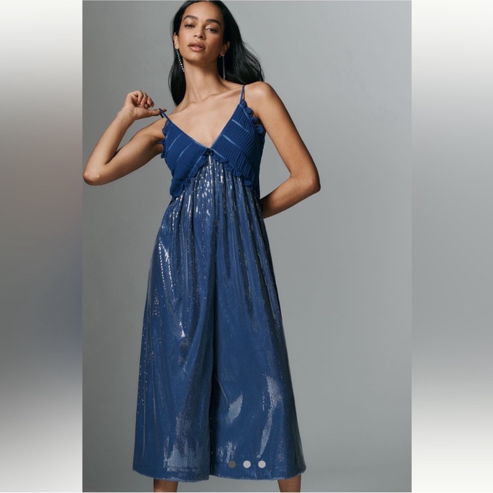 New! Anthropologie Maeve Fluid Shine Ruffle Wide Leg Crop Jumpsuit Sodalite Blue
